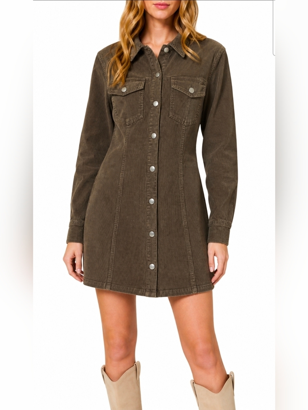 House of Harlow 1960 Olive Brown Long Sleeve Button-Front Shirt Dress